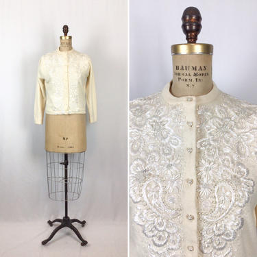Vintage 50s beaded Cardigan | Vintage ivory wool beaded raffia embroidered Cardigan | 1950's white beaded ivory sweater jumper 