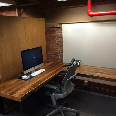 L Shaped Office Desk crafted of reclaimed wood and steel pipe legs in your choice of size, height and finish 