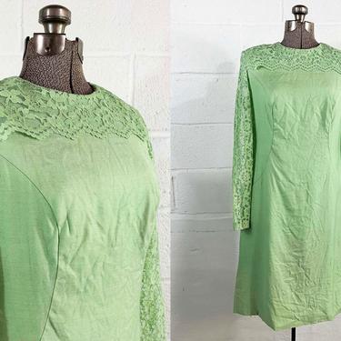 Vintage Sage Lace Dress 1960s 60s Mod Cocktail Wedding Guest Moss Green Holiday New Year's Long Sleeve Evening Party Holiday Medium Large 