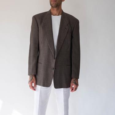 Vintage 80s Giorgio Armani Black & Taupe Textured Micro Plaid Wool Gabardine Blazer | Made in Italy | 1980s Armani Designer Boxy Fit Jacket 