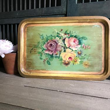 1940s Serving Tray, Handpainted Floral Roses, Made in Italy, Gold Gilt, Wood Tray 