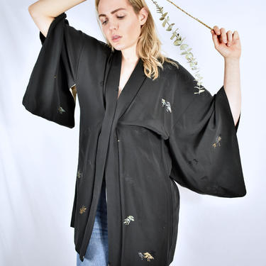 Vintage Silk Haori Kimono Jacket Duster in Black with Bonsai Print 