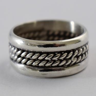 80's Taxco 925 silver Southwestern double rope size 9.5 rocker cigar band, classic TH-128 Mexico sterling hippie ring 