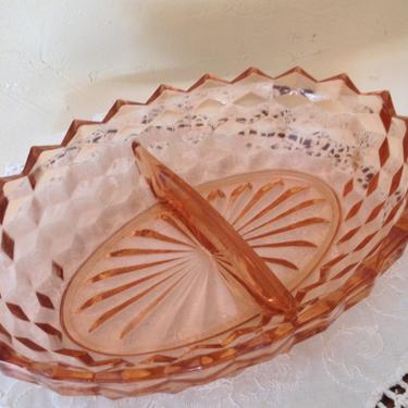 Vintage Jeanette Glass Cubist Divided Appetizer Bowl Dish- Pink Glass- Depression Glass Nice Condition 