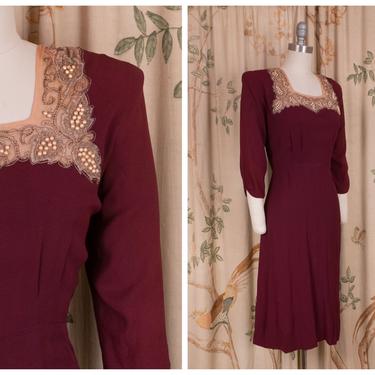 1940s Dress - The Mairen Dress - Exquisite Red Plum Rayon Dress with Crisp Shoulders and Decadently Beaded Neckline 
