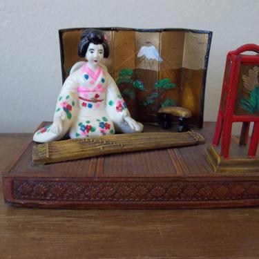 Vintage Figurine Celluloid Japan Geisha Music Scene Miniature 1960s 1970s 
