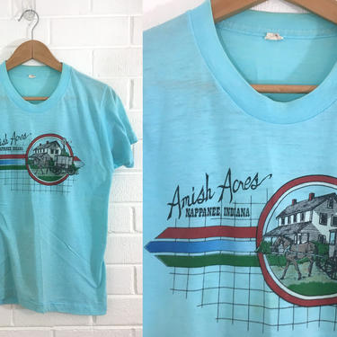 Vintage T-Shirt 80s Amish Acres Nappanee Indiana Souvenir Tee 1980s Summer Short Sleeve Ba