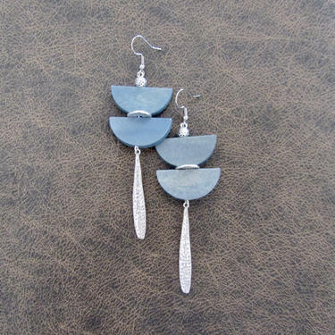 Wooden earrings, long earrings, bold steel blue earrings, hammered silver earrings, Afrocentric earrings, modern African earrings 