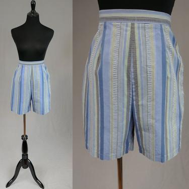 60s Striped Shorts - Blue Gray Green - High Waisted - Side Metal Zipper - Vintage 1960s - 29
