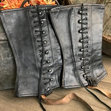 French Black Leather Gaiters, Spats, Hiking, Riding, Ankle Chaps, Hunting Equestrian, Victorian Era, Period Clothing 