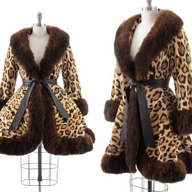 Vintage 1970s Princess Coat | 70s does 1950s Real Fur Trim Leopard Print Faux Fur Full Skirt Collar Cuffs Warm Winter Coat (x-small/small) 