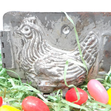 Antique Early 1900's  Hen on Nest Chocolate Mold of Pewter Covered Steel,  Vintage Easter Chicken, Double Sided with Hinge 