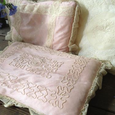 1 Normandy Pink Lace Pillow, French Lace Pink Silk, Wedding Ring Bearer Handmade Boudoir Pillow Romantic Floral Design ca. 1930s 40s 