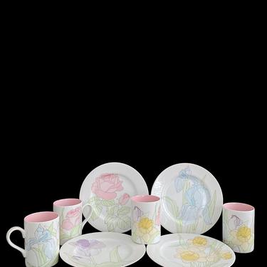 Vintage 1970s Modern Luncheon Set of 4 SPRING GARDEN Plates and Mugs Cups Fitz and Floyd Japan Japanese 
