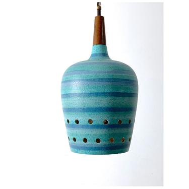 Turqoise Striped Ceramic Pendant Lamp 1960's 