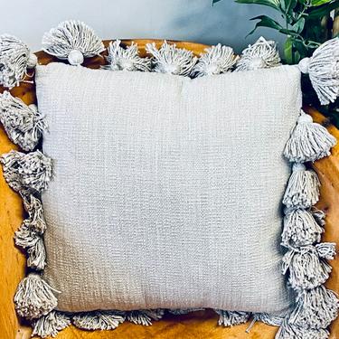 Gray Square Pillow with Tassels | Grey Nubby Pillow | Greige Square Pillow | Tassel Pillow | Modern Farmhouse | Pillow with Insert | Neutral 