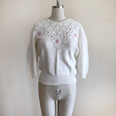 White Sweater with Pink Floral Embroidery and Baubles - 1980s 