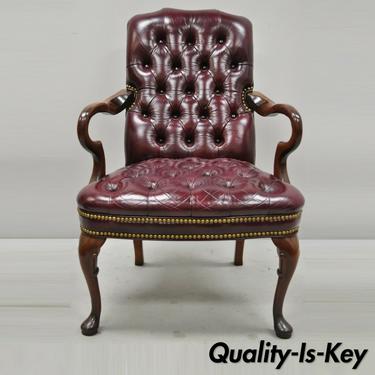 Burgundy Tufted Executive Leather Gooseneck Queen Anne Office Library Arm Chair