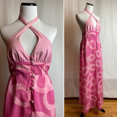 70’s Pink batik print Hawaiian style sundress Kaftan sexy straps with a low back Summer vibes keyhole neckline size XSM-SM 