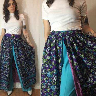 Vintage 60s/70s Open Front Hostess Skirt | Jewel Tone Floral Psychedelic Hippie Mod Overlay Maxi Skirt, Border Print Skirt, S/M 