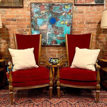 Matching red velvet fireside chairs, colorful abstract (oil on canvas)
