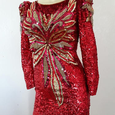 80's Vintage RED SEQUIN GOWN, gold beaded cocktail dress, keyhole back, vintage full length embellished gown, size small 