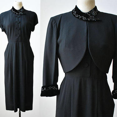 Vintage 1940s Cocktail Dress / Black Cocktail Dress with Jacket / 1940s ...