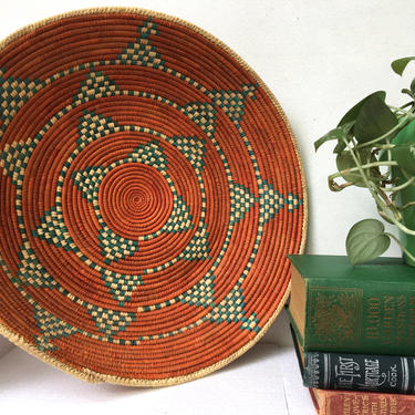 Tribal Coiled Basket, 13&quot; Orange And Teal Basket, Hand Woven, Wall Display 