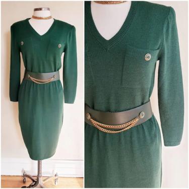 80s St John Knit Green Dress Wool Blend Matching Leather Belt Gold Chain / 80s Long Sleeved Designer Day Dress V Neck / M / Philomena 