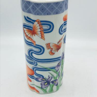 Vintage Fuji Quality China  Kutani  Japanese Porcelain Vase with beautiful Butterflies and Iris- 8&amp;quot; Orange Blue 
