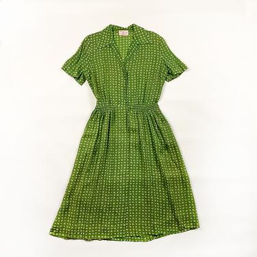 1940s Henry Rosenfeld Green Abstract Floral Cold Rayon Novelty Print Day Dress / Short Sleeve / 40s / M / Medium / Pintuck / Sheer / Pockets 