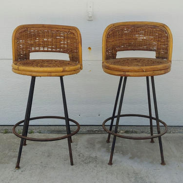 Vintage Modern Swivel Wicker and Wrought Iron Counter Height Stools - Set of 2 