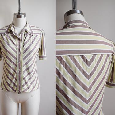 1940s Chevron Stripe Blouse | Vintage 40s Rayon Grey and Chartreuse Stripe Top | XS/S 