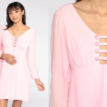 60s Mini Dress Pink Babydoll Dress Vintage 1960s MOD Cutout Keyhole Dress Baby Pink Boho 70s Long Sleeve Empire Waist Dress Small Medium 