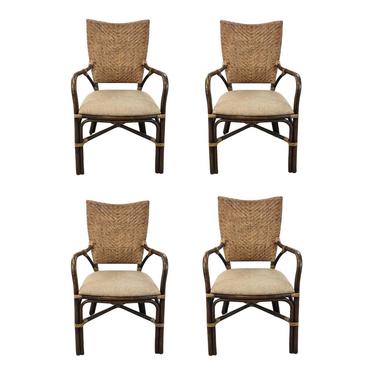 Asian Modern Bamboo and Rattan Dining Chairs Set of Four