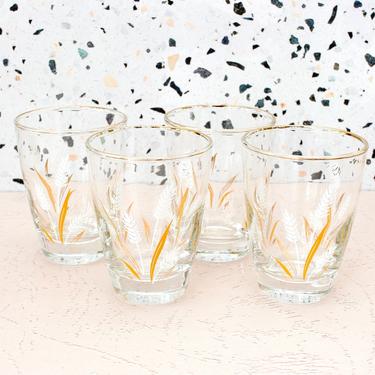 Vintage 1960s MCM Libbey Wheat Glasses Gold Rim Shooter Barware Juice Glasses - Set/4 