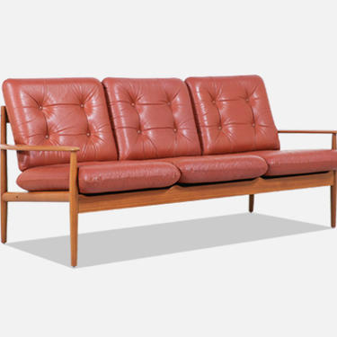 Grete Jalk Model-218 Cognac Leather & Teak 3-Seater Sofa for France & Søn
