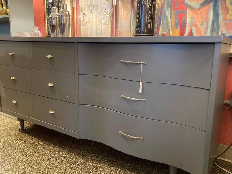 Gray painted mid century dresser. 6 drawers Bassett furniture company.  64” x 18” x 30.5”