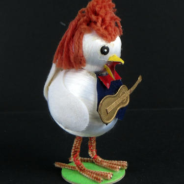 Vintage Chick or Bird / Guitar / Easter / Styrofoam / Satin Ball / Figure / Pompadour Red Hair 