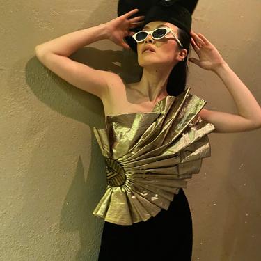 80's Designer Vintage gold fan Dress gold cocktail dress, strapless avant garde gown 