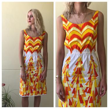 1960's Emilio Pucci Dress / Cotton Printed Modern Dress / Sixties Summer Dress / Designer Womenswear / Resortwear / Orange and Yellows 