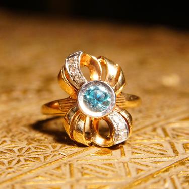 Antique 10K Gold Aquamarine Diamond  Bow Ring, JR Woods & Sons, Brilliant Blue Gemstone, Ribbon Setting, White Gold Accents, Size 6 3/4 US 