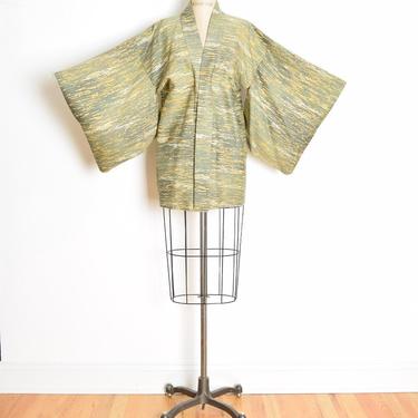 vintage kimono jacket moss green yellow Asian Japanese wrap watercolor clothing 
