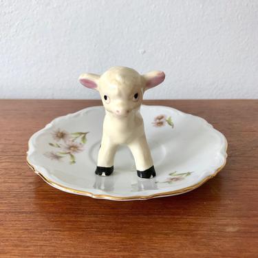 Little Lamb Porcelain Figurine Jewelry Holder Dish - Handmade Fine Bone China Jewelry Plate - 1950's Tender Sheep Catchall Trinket Dish 
