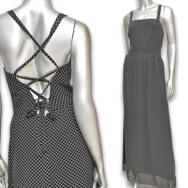 Vintage Nicole Miller Silk Black and White Apron Dress with Lace Up Back Size 4 Maxi 