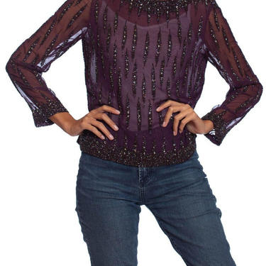 1970S Eggplant Purple Polyester Chiffon Long Sleeve Blouse Beaded With Crystals  Seed Beads 