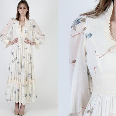 Gunne Sax Angel Sleeve Maxi Dress / 1970s Asian Inspired Jessica McClintock Dress / Poet Sleeve 70s Renaissance Faire Corset Romantic Dress 