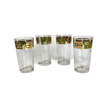 Vintage Green and Gold Mid Century Glassware, Set of 4, Gold Glasses 