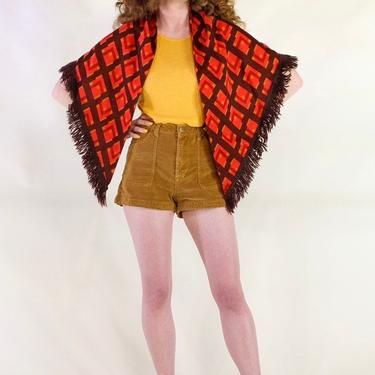 Retro Fringe Shawl Scarf \ Vintage 70s Mod  Poncho Groovy Aztec Southwestern Geometric Pattern Capelet \ Red Brown Orange Diamond Chevron 