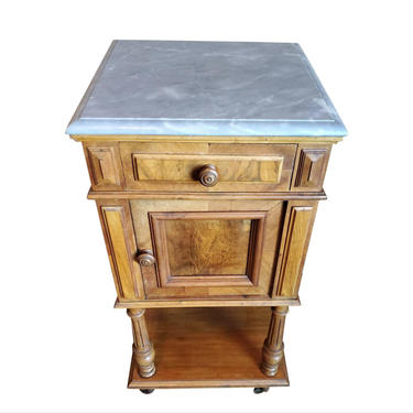 19th Century French Burlwood Walnut Marble-Top Bedside Cabinet Nightstand or Side Table -  Antique Henri II End Table Lamp Stand 